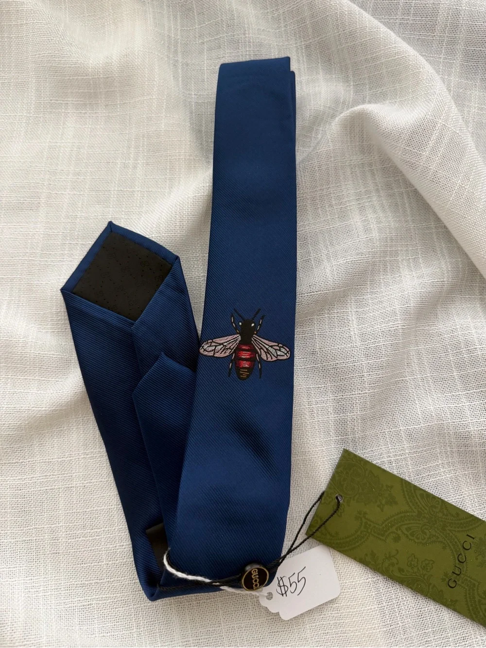Authentic Gucci Blue Silk Bee Embroidered Tie Made in Italy